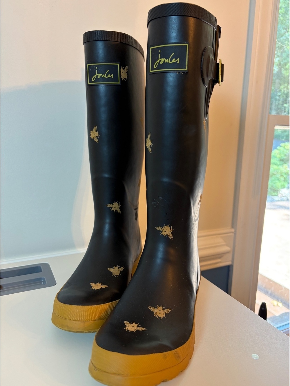 Joules Black and Yellow Bee Print Tall Rain Boots